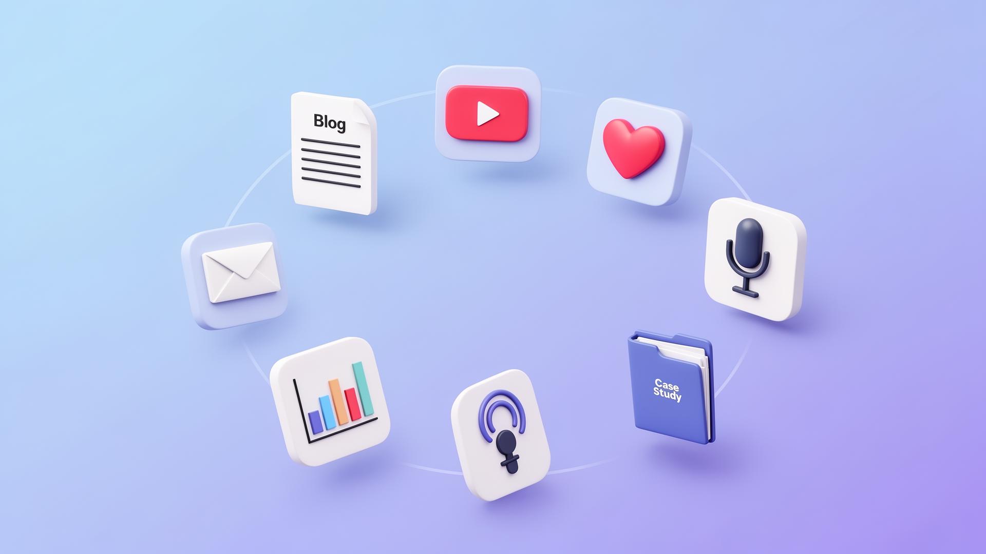 7 types of content marketing — blog, video, social, email, infographic, podcast, case study — by ClickMaking