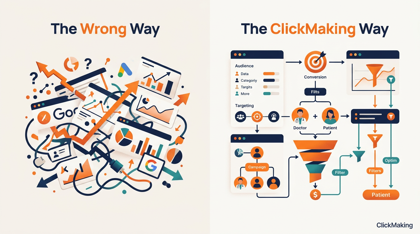 Google Ads for Doctors: My Patient Funnel Guide (India) — framework illustration by ClickMaking