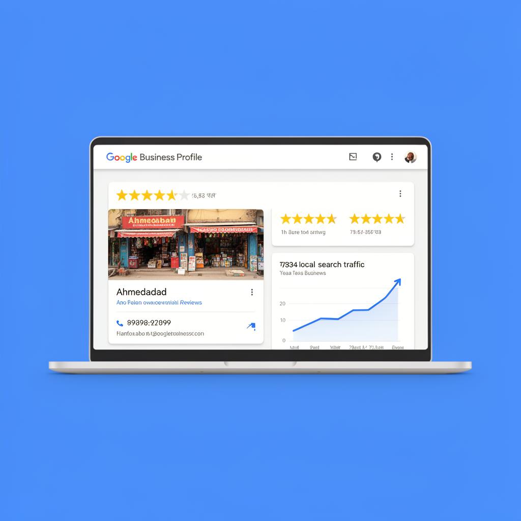 Optimised Google Business Profile dashboard for Ahmedabad shop with 5-star reviews and rising local search traffic chart