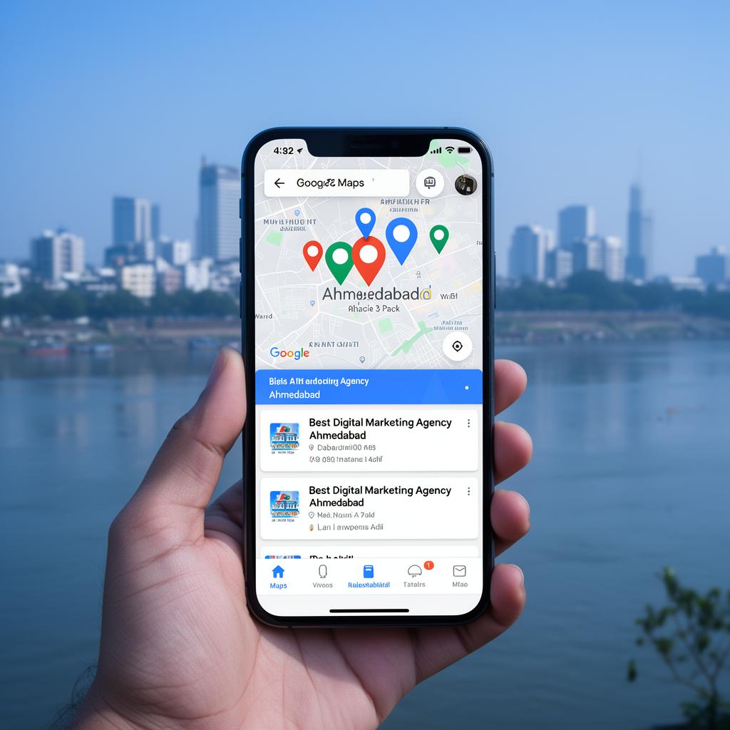 Smartphone showing Google Maps local 3 pack search results for best digital marketing agency Ahmedabad over Sabarmati skyline